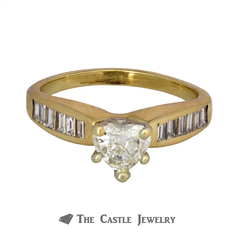 ladies rings for special occasion -Heart Shaped Diamond Engagement Ring with Baguette Mounting in 14K Yellow Gold