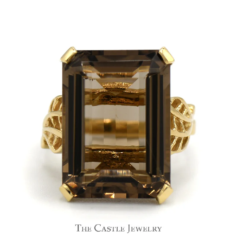 ladies rings with green emerald -Emerald Cut Smokey Quartz Ring with Open Leaf Sides in 14k Yellow Gold