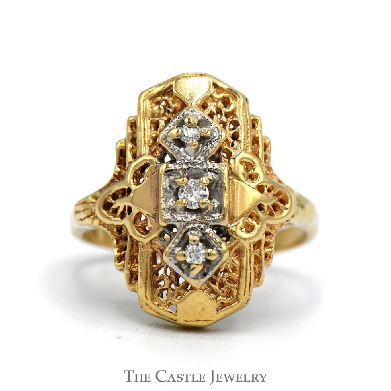 ladies rings heart shaped -Diamond Accented Shield Ring with Open Filigree Design in 10k Yellow Gold