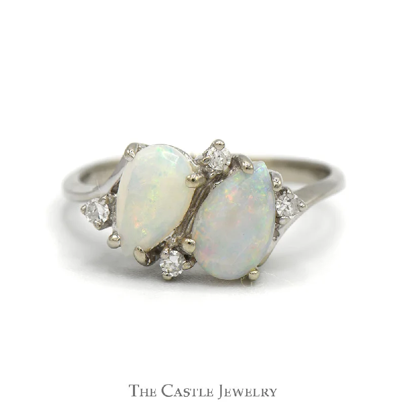 ladies rings platinum finish -Double Pear Cut Opal Ring with Diamond Accents in 14k White Gold