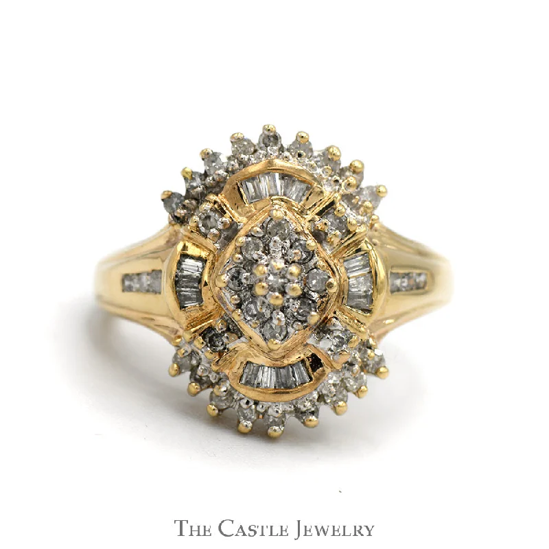 ladies rings with teal turquoise -1/2cttw Round & Baguette Cut Diamond Starburst Cluster Ring in 10k Yellow Gold