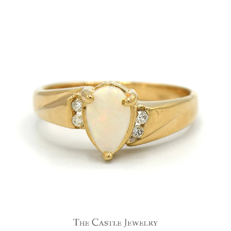 ladies rings stackable set -Pear Cut Opal ring with Diamond Accented Sides in 14k Yellow Gold