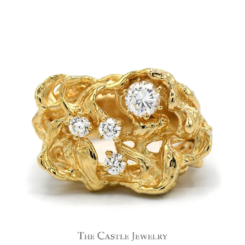 ladies rings delicate band -Cubic Zirconia Cluster Ring in 14k Yellow Gold Freeform Style Open Nugget Mounting