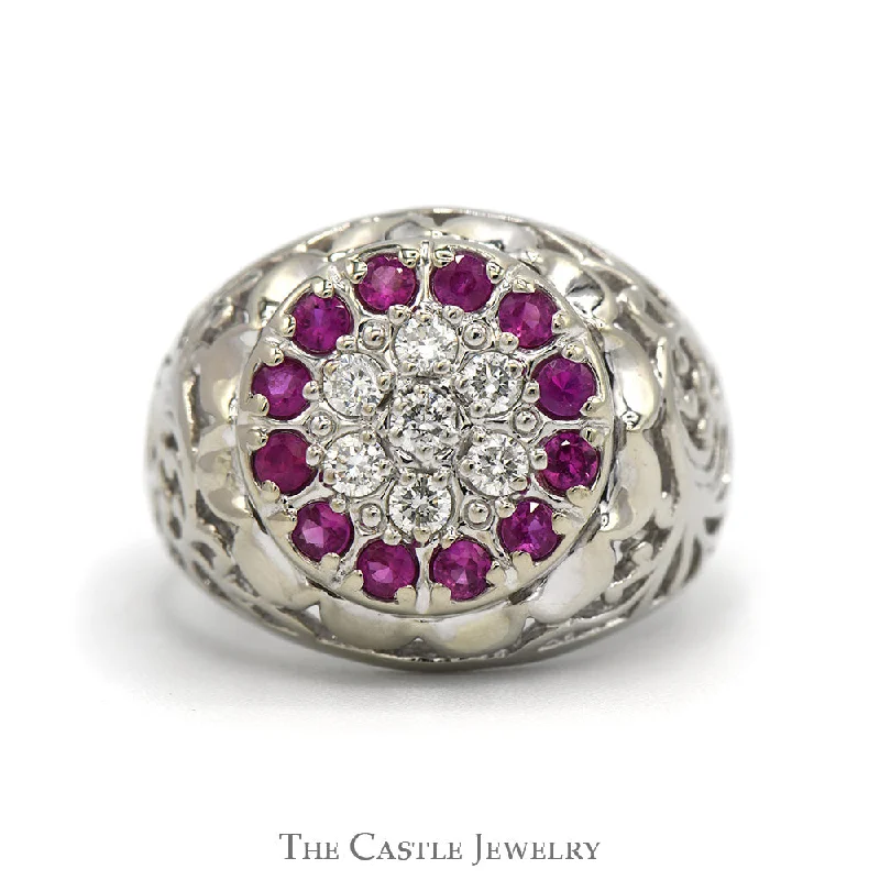 ladies rings handmade unique -Ruby & Diamond Kentucky Cluster Ring with Open Filigree Sides in 10k White Gold