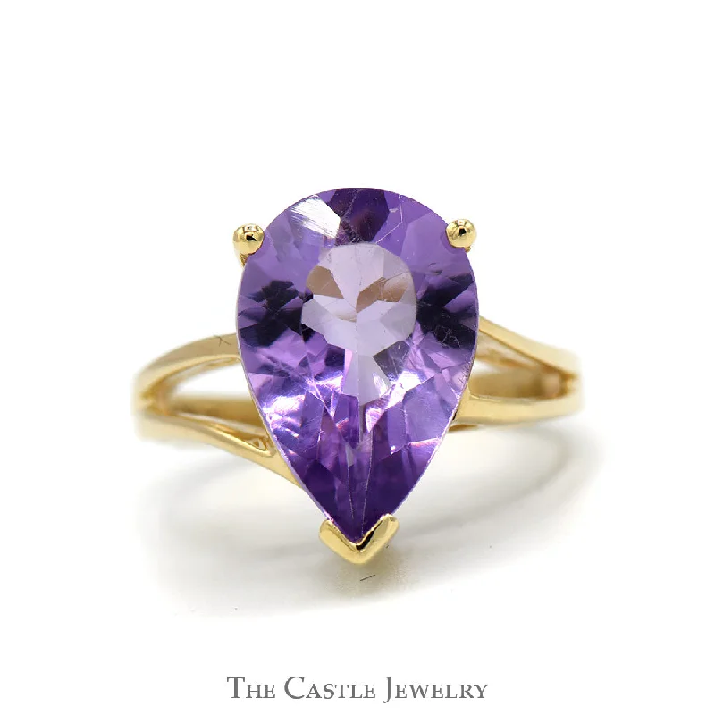 ladies rings for daily use -Pear Cut Amethyst Ring with Split Shank Sides in 10k Yellow Gold