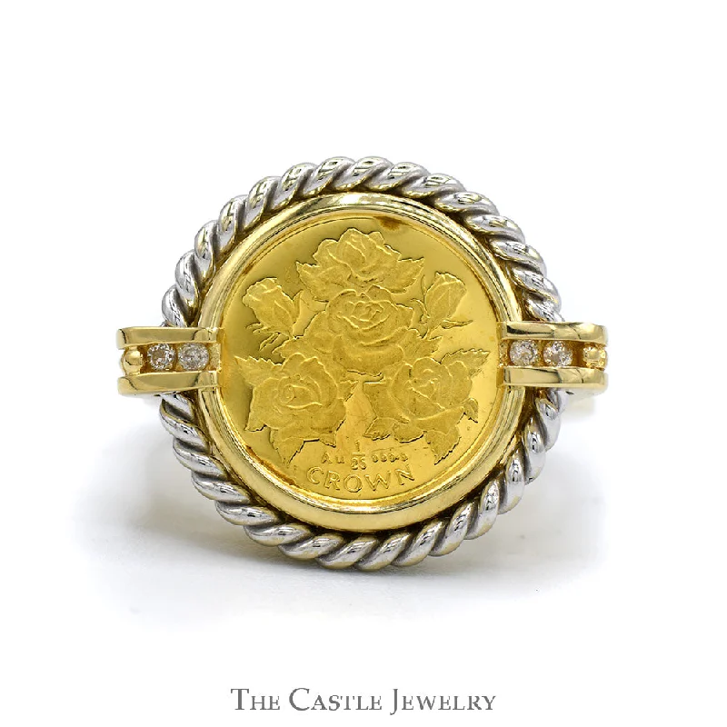 ladies rings with diamond accent -1996 Gibraltar 1/25 Crown Rose Design Coin Ring with Rope Bezel and Diamond Accents in 14k Yellow Gold