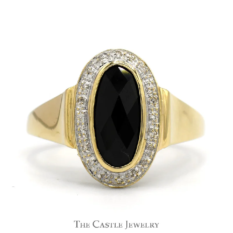 ladies rings rose gold style -Oblong Oval Cut Black Onyx Shield Ring with Diamond Halo in 10k Yellow Gold