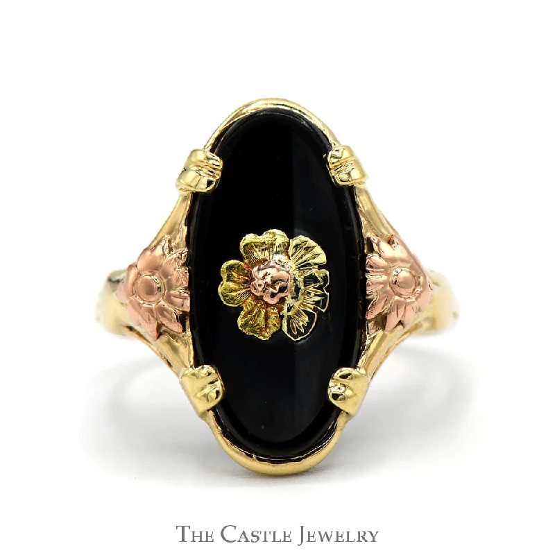 ladies rings with gold plating -Oval Cut Black Onyx Shield Ring with Two Tone Floral Design in 10k Yellow Gold