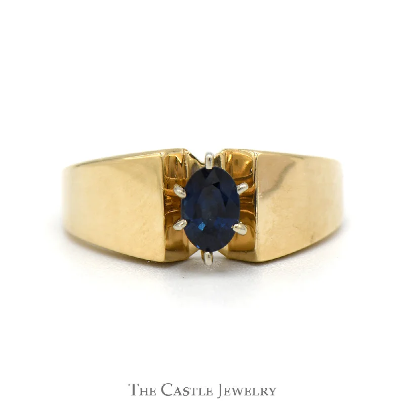 ladies rings custom made -Oval Sapphire Solitaire Ring with Wide Polished Band in 14k Yellow Gold