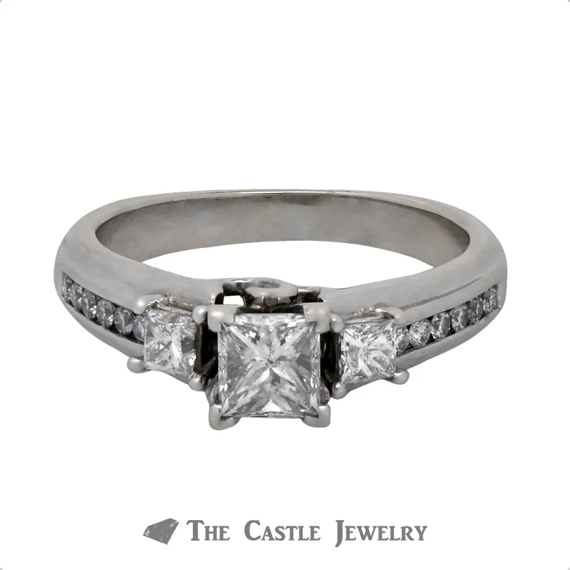 ladies rings dainty look -Princess Cut Three Stone Diamond Engagement Ring with Accents in a Cathedral Mounting