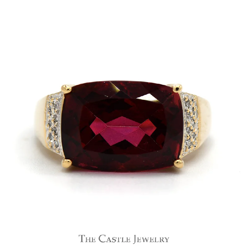 ladies rings silver design -Elongated Cushion Cut Ruby Ring with Diamond Accented Sides in 10k Yellow Gold