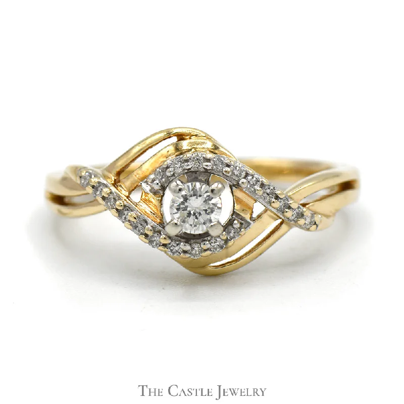 ladies rings custom made -Round Diamond Ring with Swirled Diamond Accents in 10k Yellow Gold Open Crossover Setting