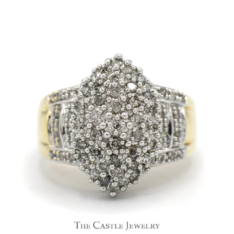 ladies rings modern style -1/2cttw Marquise Shaped Diamond Cluster Ring with Accented Sides in 10k Yellow Gold