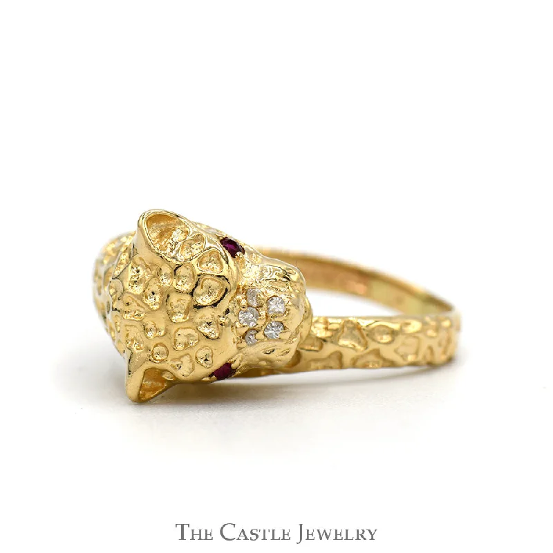 ladies rings lightweight feel -Leopard Designed Ring with Ruby Eyes & Diamond Accents in 10k Yellow Gold