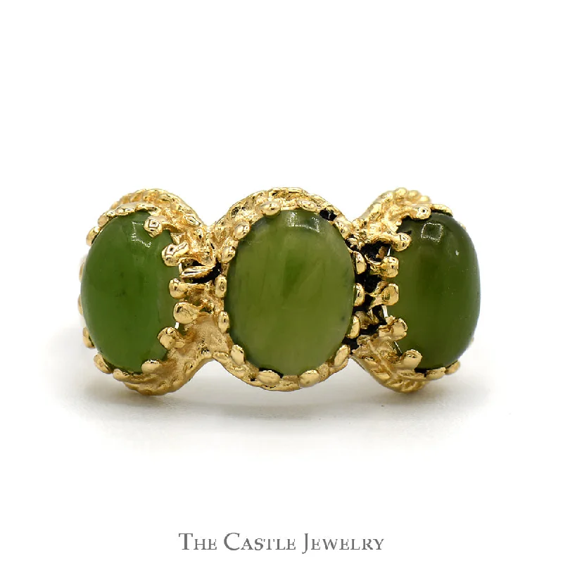 ladies rings with gold plating -Oval Cut Green Jade Three Stone Ring with Open Split Shank Sides in 14k Yellow Gold