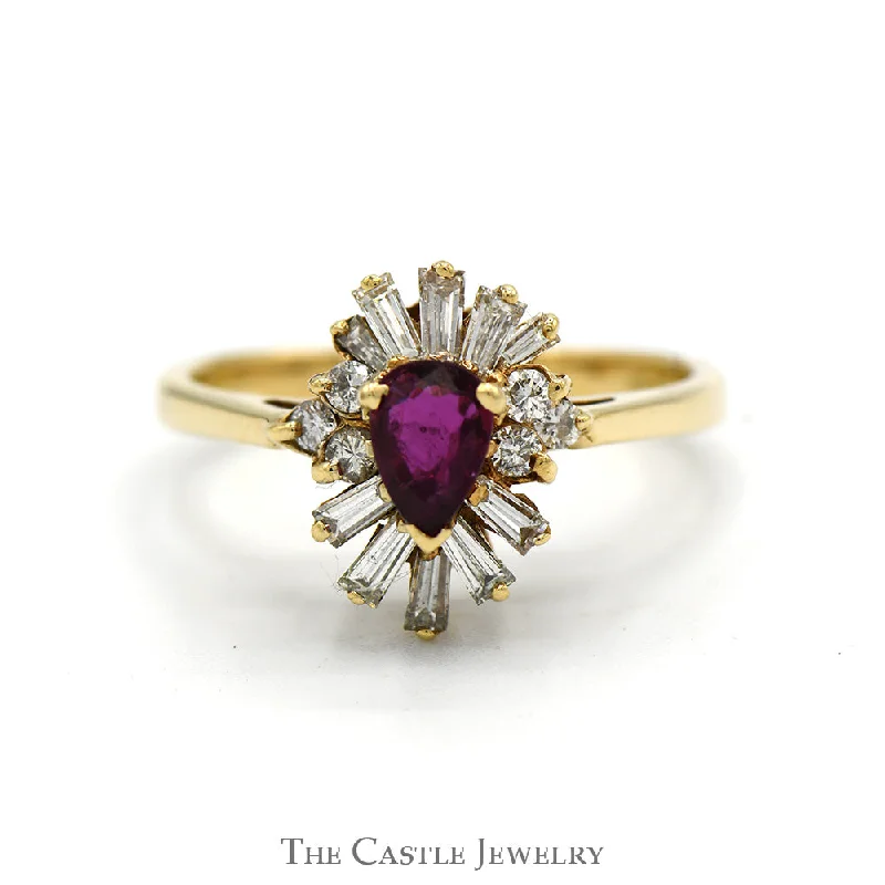 ladies rings with pearls -Pear Cut Ruby Ring with Baguette and Round Diamond Halo in 14k Yellow Gold