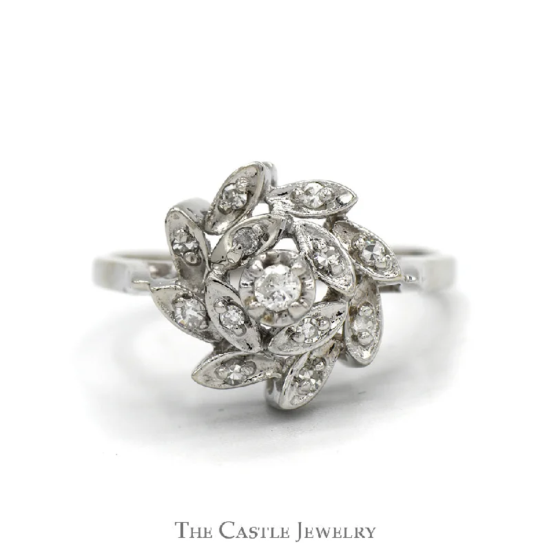 ladies rings with gold plating -Floral Starburst 1/4cttw Diamond Cluster Ring in 14k White Gold