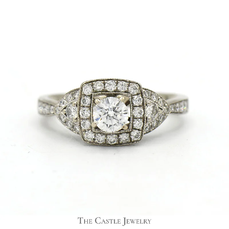 ladies rings for engagement -Round Diamond Engagement Ring with Square Shaped Diamond Halo and Accents in 14k White Gold