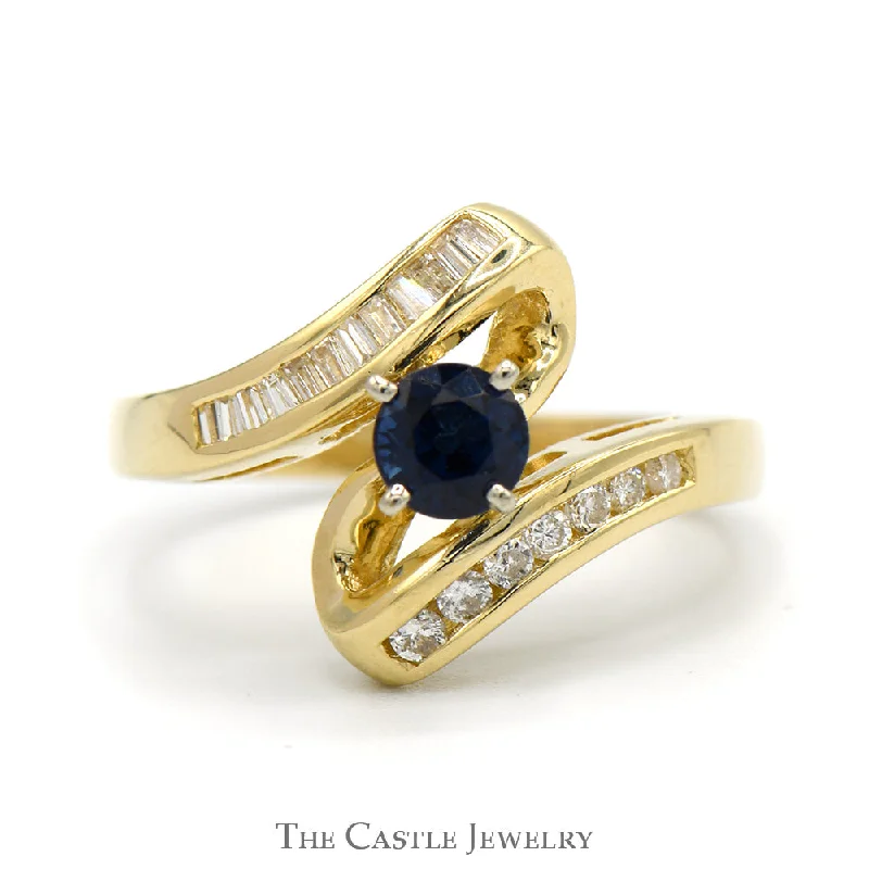 ladies rings trendy 2025 -Round Sapphire Ring with Channel Set Diamond Accents in 14k Yellow Gold Bypass Mounting