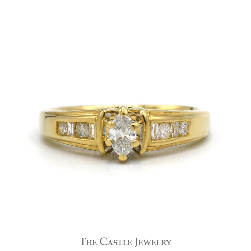 ladies rings for birthday -Marquise Diamond Engagement Ring .20CT With .30CTTW Channel-Set Baguette Cut Diamonds In 14KT Yellow Gold