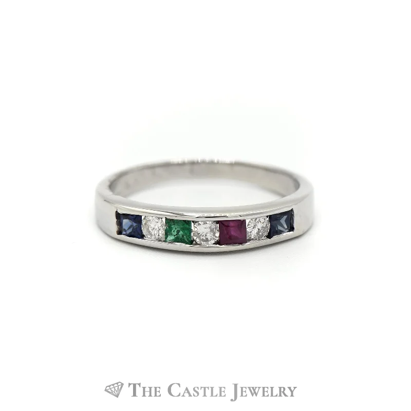 ladies rings classic style -.15CTTW Diamond and Multi Colored Gemstone Wedding Band in 14KT White Gold