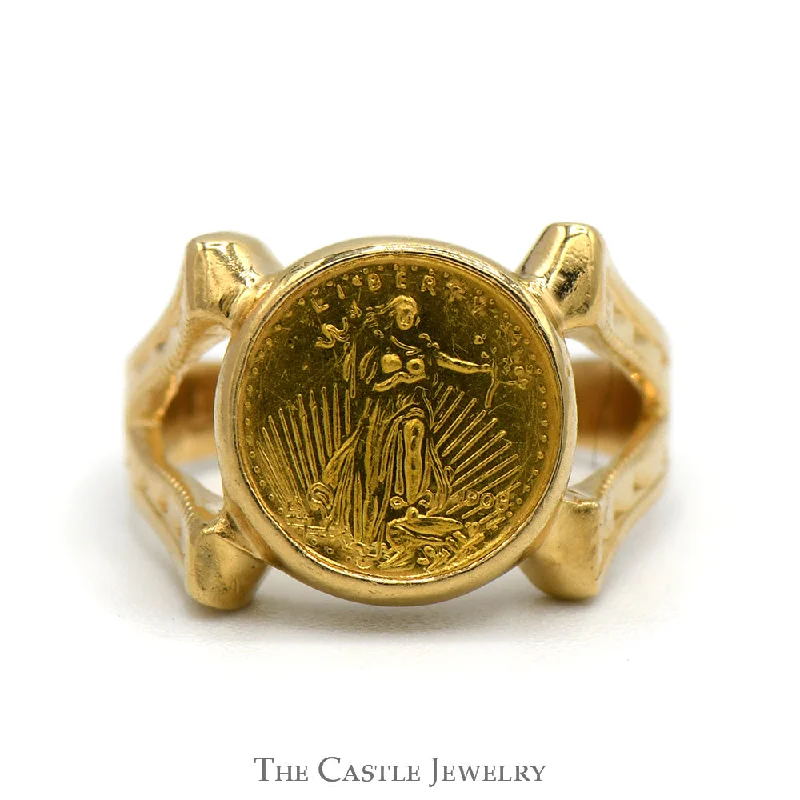 ladies rings handmade unique -Replica Liberty Coin Ring in 14k Yellow Gold Split Shank Mounting - Size 2.25