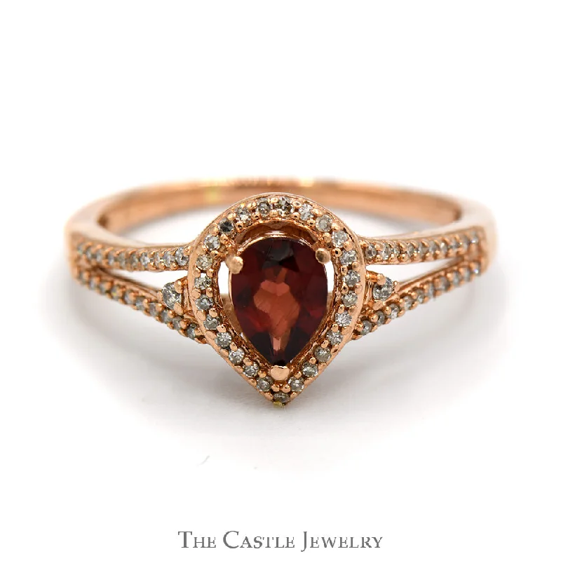 ladies rings with red ruby -Pear Cut Garnet Ring with Diamond Halo and Accented Split Shank Sides in 10k Rose Gold