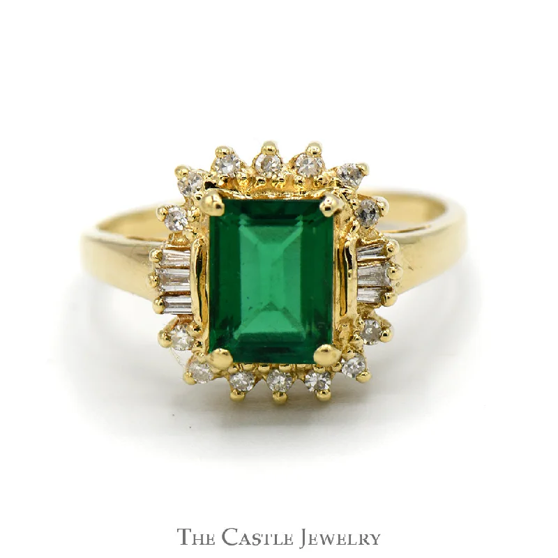 ladies rings with citrine -Emerald Cut Emerald Ring with Round and Baguette Diamond Halo in 14k Yellow Gold