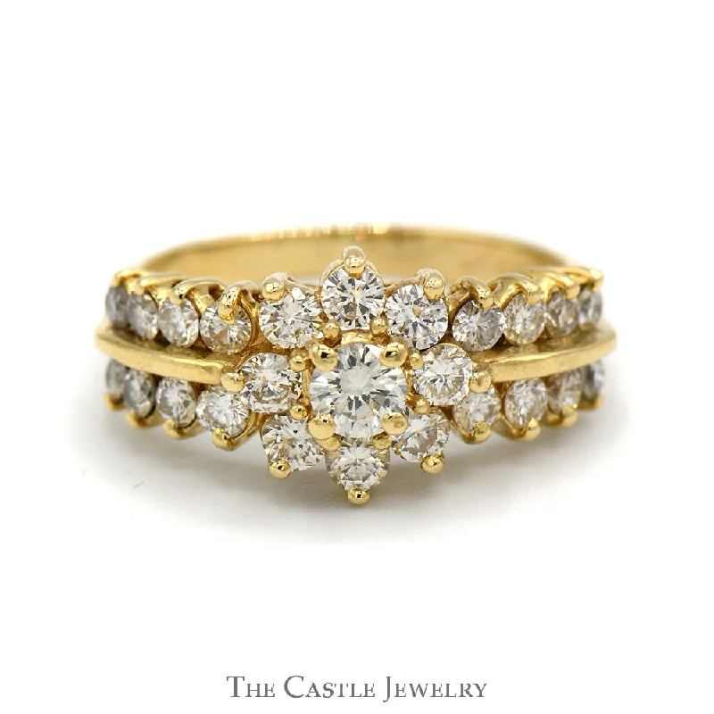 ladies rings with engraving -1.25cttw Flower Shaped Diamond Cluster Ring with Diamond Accented Sides in 14k Yellow Gold