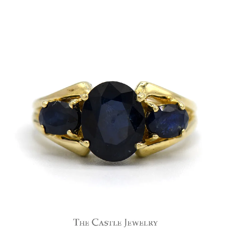 ladies rings with star design -Oval Sapphire Three Stone Ring with Open Split Shank Sides in 14k Yellow Gold