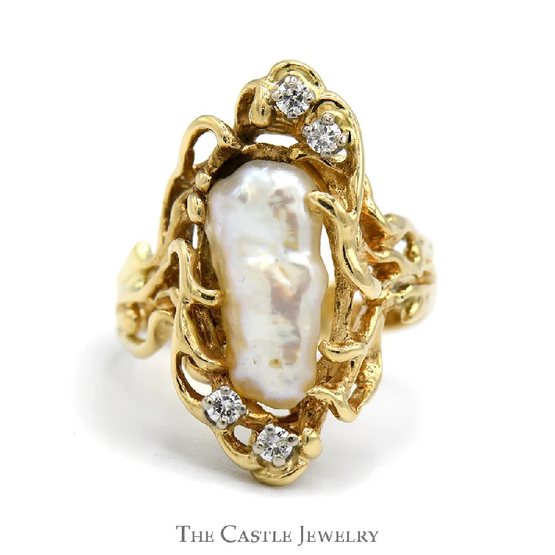 ladies rings for engagement -Baroque Pearl Ring with Diamond Accents in 14k Yellow Gold Vine Designed Setting