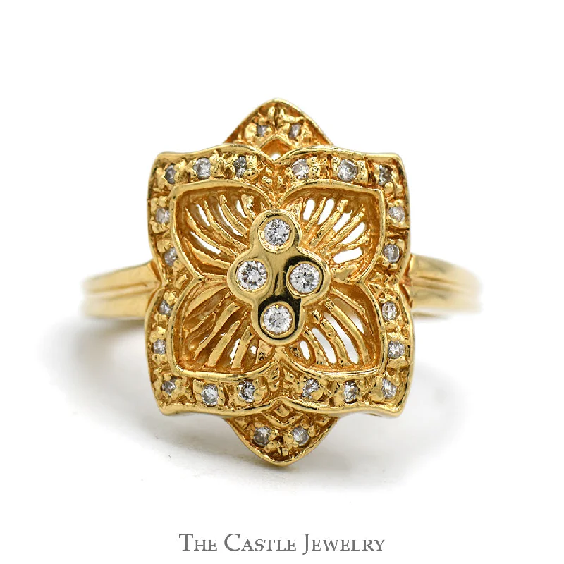 ladies rings eternity band -Flower Designed Shield Ring with Diamond Cluster & Accents in 14k Yellow Gold