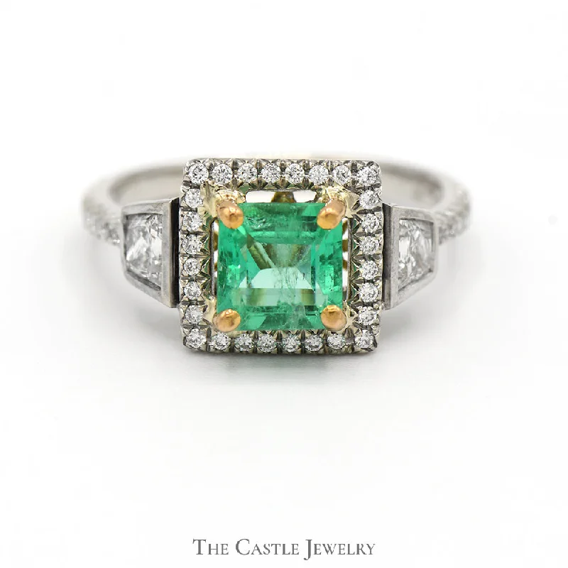 ladies rings for office wear -Square Emerald Ring with Diamond Halo and Diamond Accents in 18k Two Tone Gold