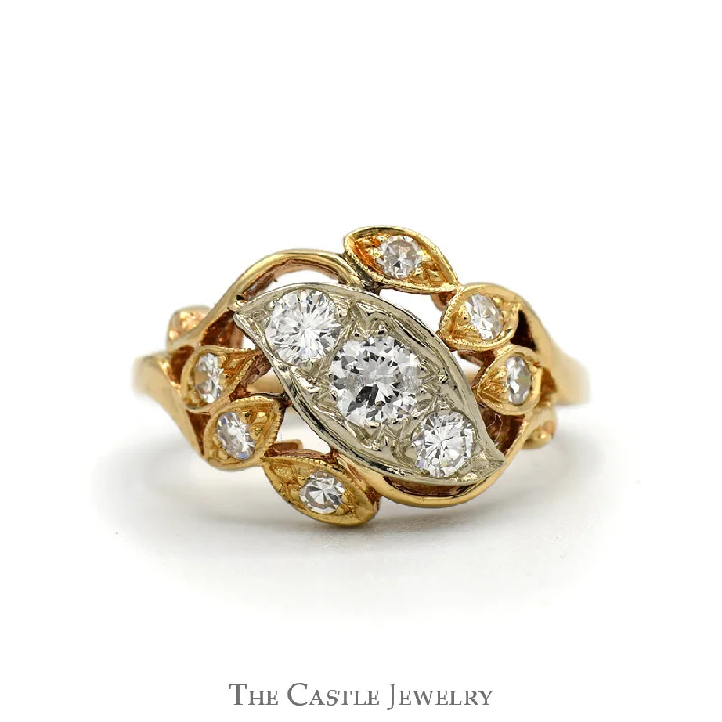 ladies rings gold band -Two Tone Open Antique Style 3/4cttw Diamond Cluster Ring in 14k White & Yellow Gold