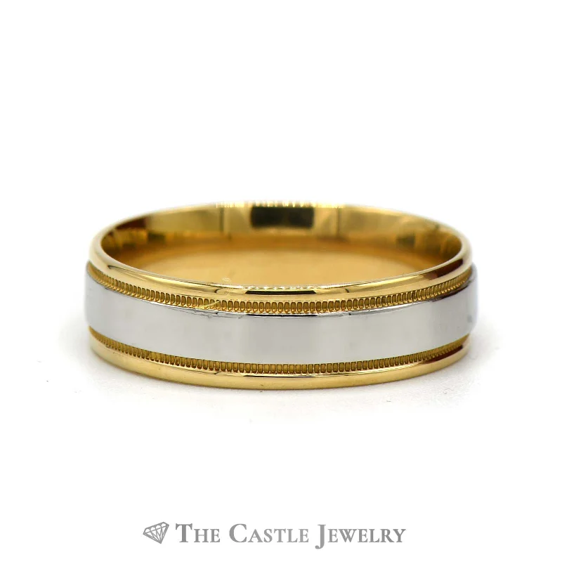 ladies rings with diamond accent -Two Tone 18k Yellow Gold and Platinum 6.75mm Wedding Band with Milgrain Edge