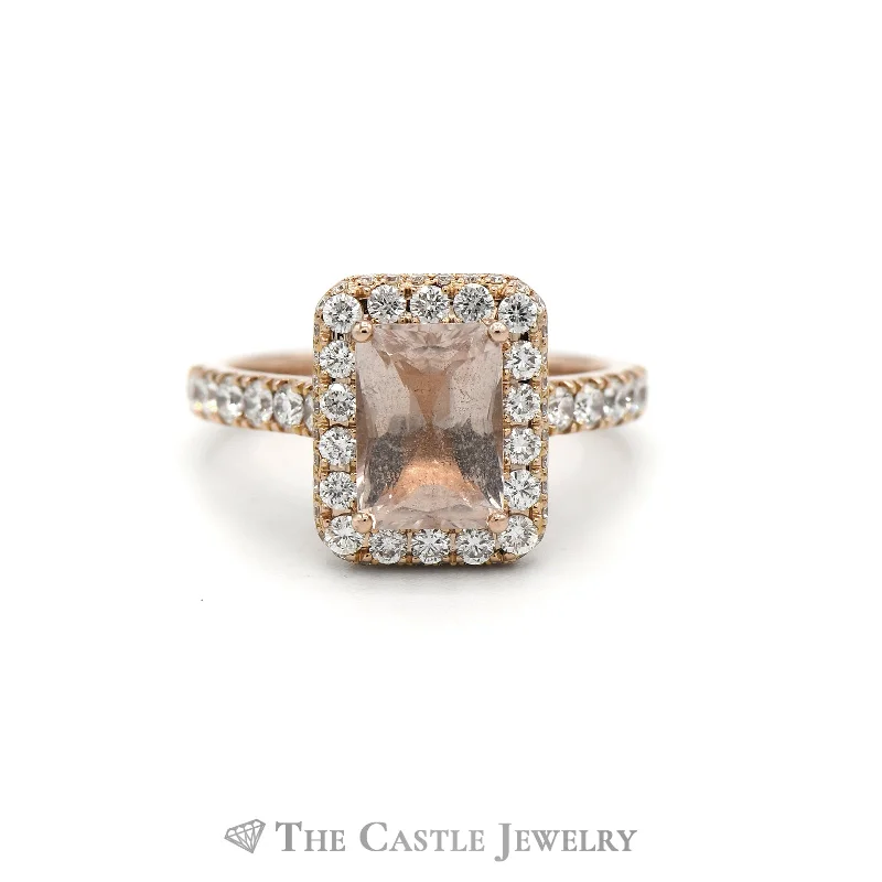 ladies rings with citrine -Neil Lane Radiant Cut Morganite Ring with 1cttw Diamond Accents in 14k Rose Gold