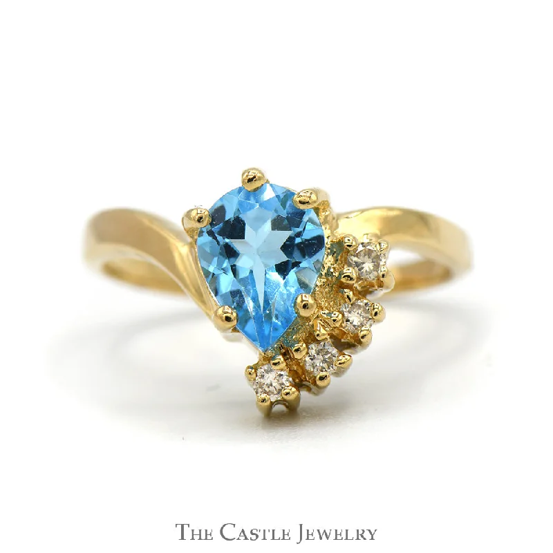 ladies rings stylish cheap -Pear Cut Blue Topaz Ring with Diamond Accents in 14k Yellow Gold