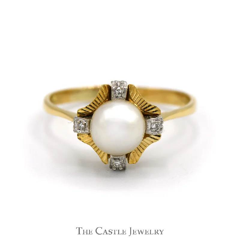 ladies rings delicate band -Pearl Ring with Diamond Accents and Textured Bezel in 18k Yellow Gold