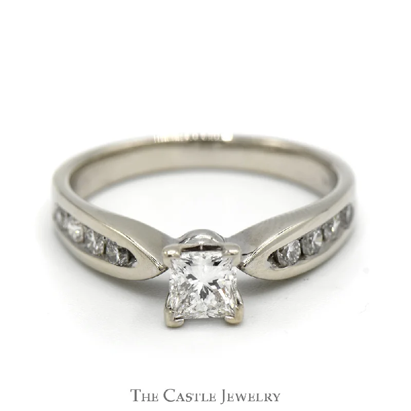 ladies rings for daily use -Princess Cut Diamond Solitaire Engagement Ring with Channel Set Accents in 14k White Gold