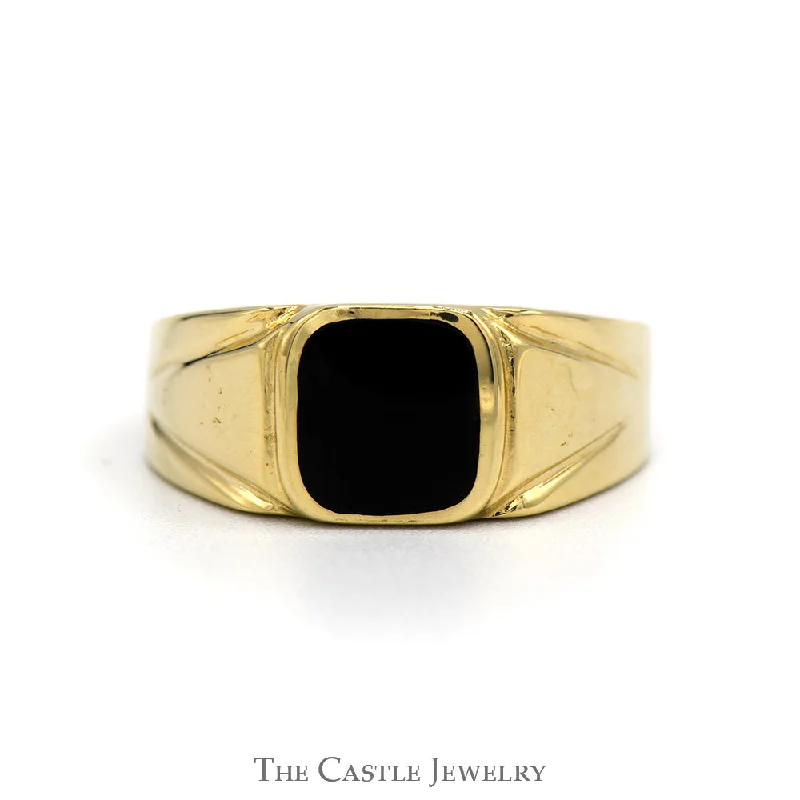 ladies rings with pink tourmaline -Square Black Onyx Men's Ring with Polished Grooved Sides in 14k Yellow Gold