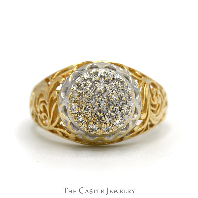 ladies rings with ruby -Diamond Kentucky Cluster Ring with Open Filigree Sides in 10k Yellow Gold