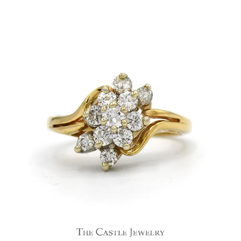 ladies rings with gold plating -1/2cttw Flower Shaped Diamond Cluster Ring with Split Shank Sides in 14k Yellow Gold