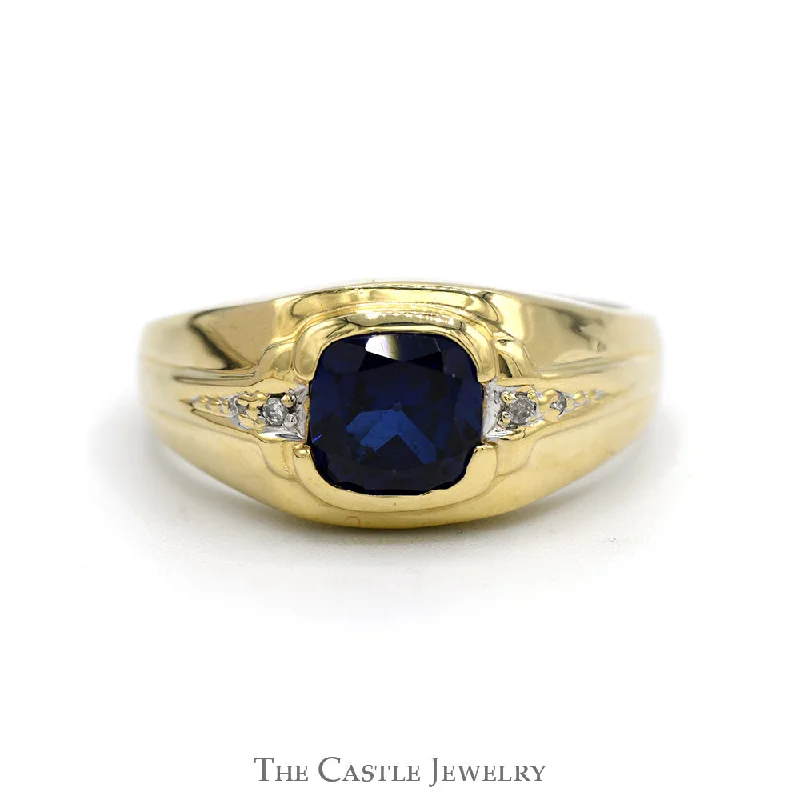 ladies rings with black onyx -Square Shaped Sapphire Men's Ring with Illusion Set Diamond Accents in 10k Yellow Gold