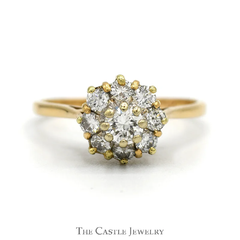 ladies rings for evening wear -3/4cttw 9 Round Diamond Flower Cluster Ring in 14k Yellow Gold