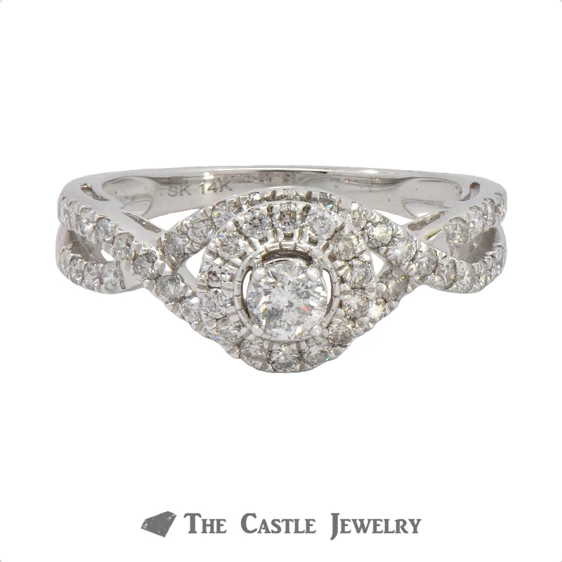 ladies rings floral pattern -Crown Collection Round Diamond Engagement Ring with Halo Design