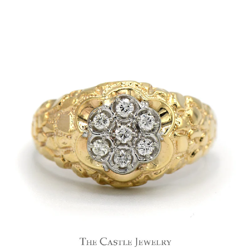 ladies rings fashion statement -Round 7 Diamond Cluster Ring in 14k Yellow Gold Nugget Style Mounting